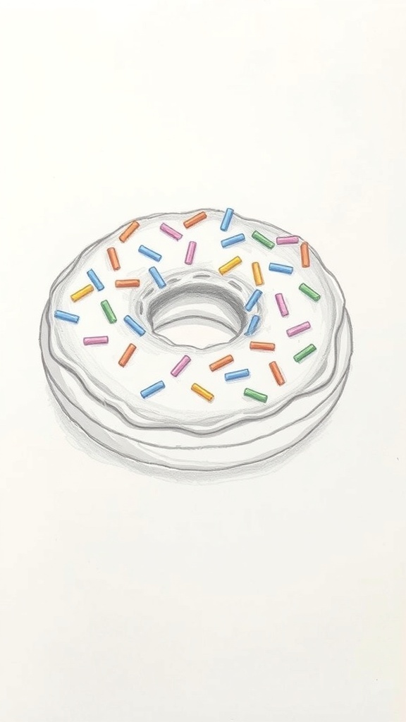 A pencil drawing of a donut with frosting and sprinkles on paper.
